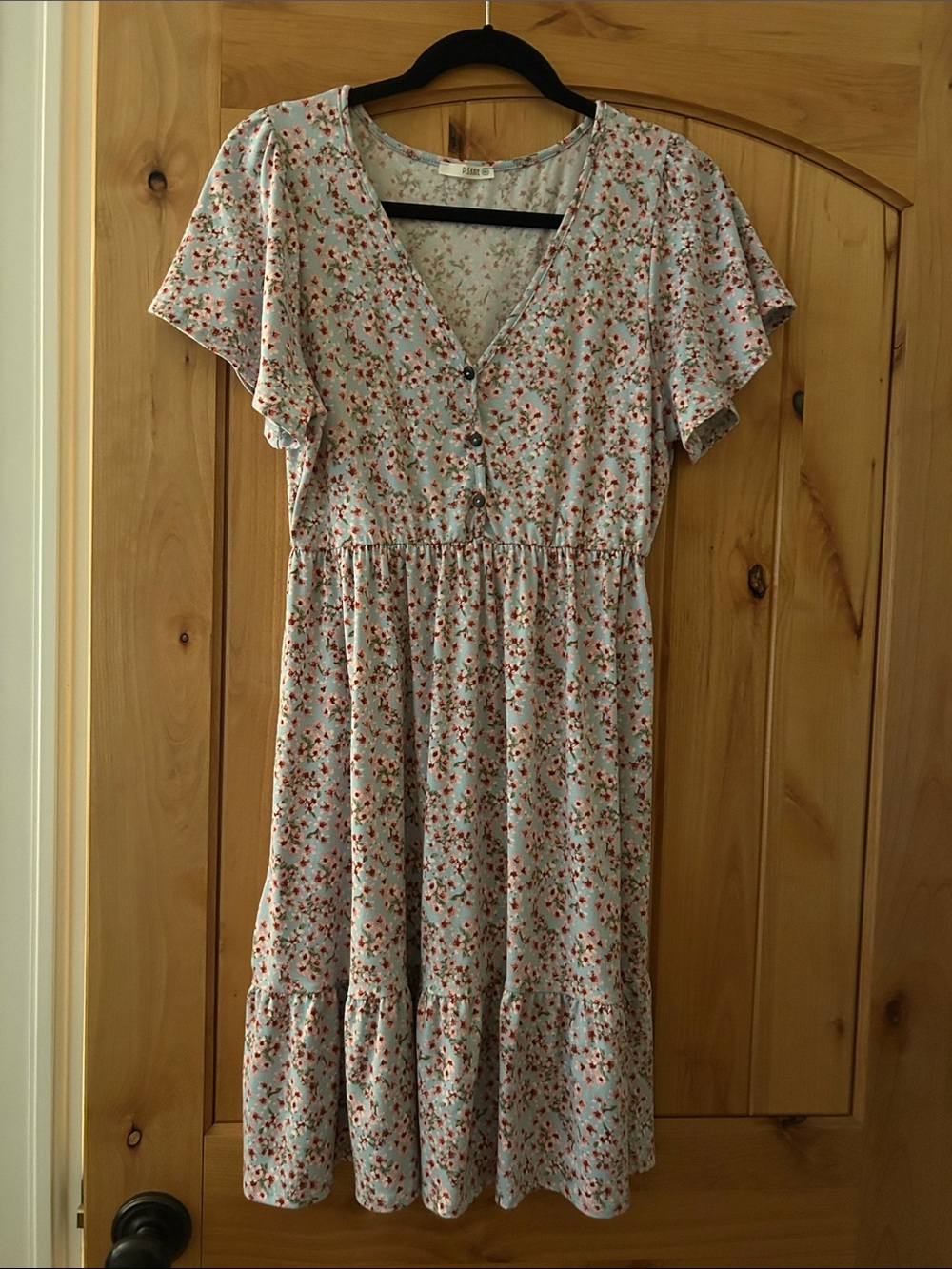 Floral V-Neck Midi Dress in Light Blue with Red Floral Print